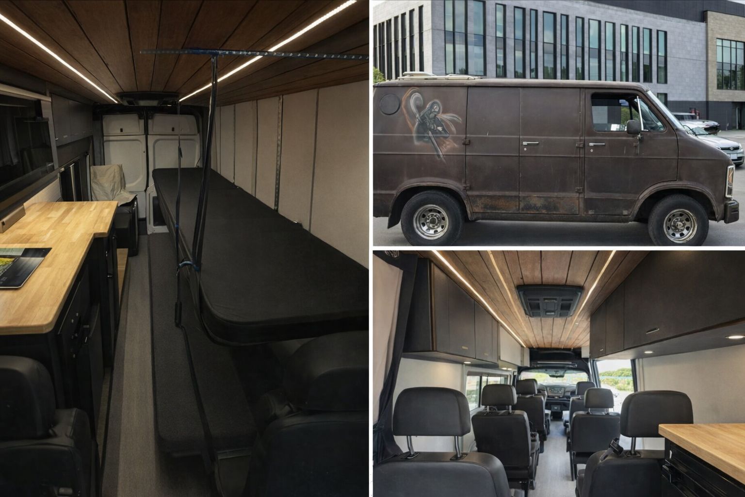 Innenraum und Außenansicht eines professionell ausgebauten Bandbusses für Touren.