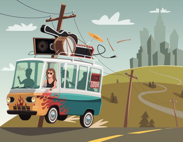 Illustration eines überladenen Tour-Busses einer Rockband auf dem Weg zum nächsten Gig.